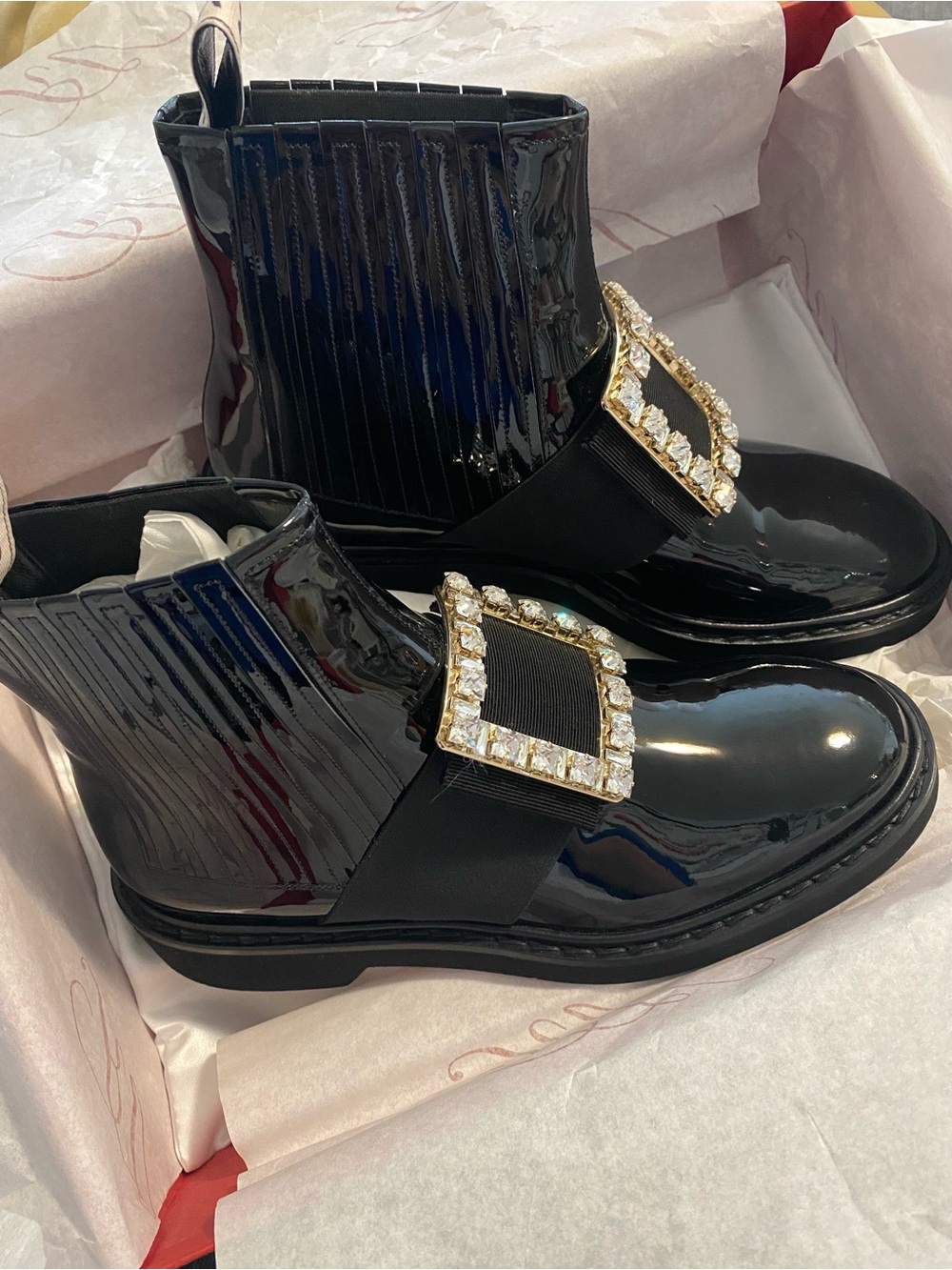 Roger Vivier Black Patent Ankle Boots with Crystal Buckle